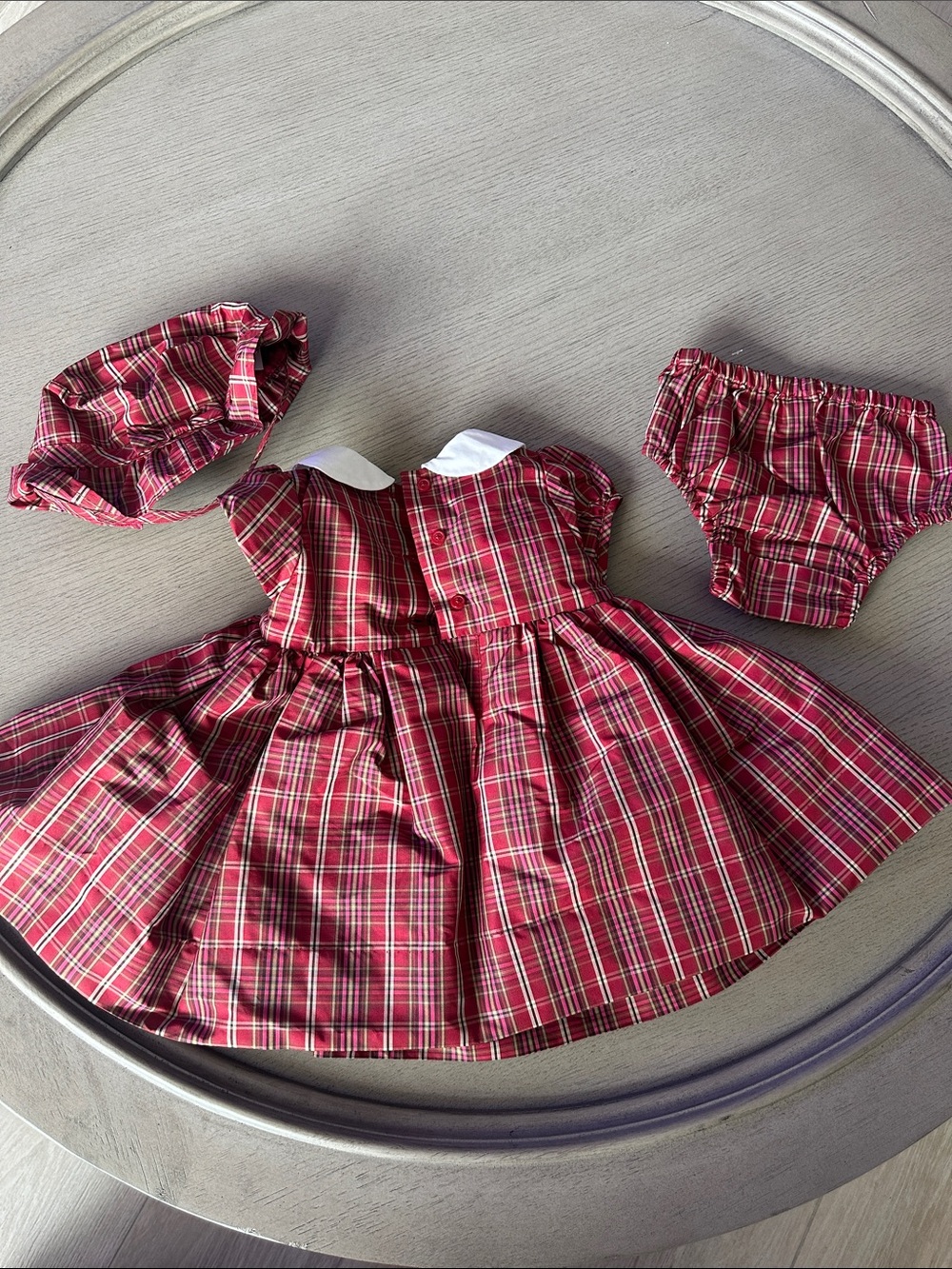 Red Plaid Smocked Peter Pan Collar Kids Dress with Bonnet and Bloomers - Picture 2 of 3